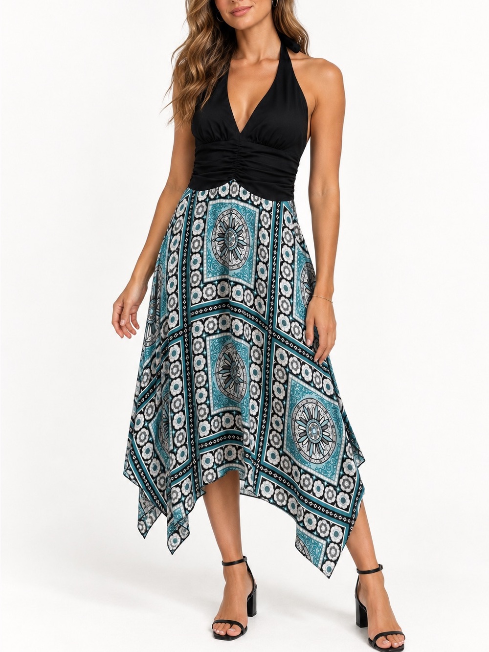 Dressbarn Size 6 Y2K Boho Halter Dress Teal Medallion Handkerchief Hem Ruched